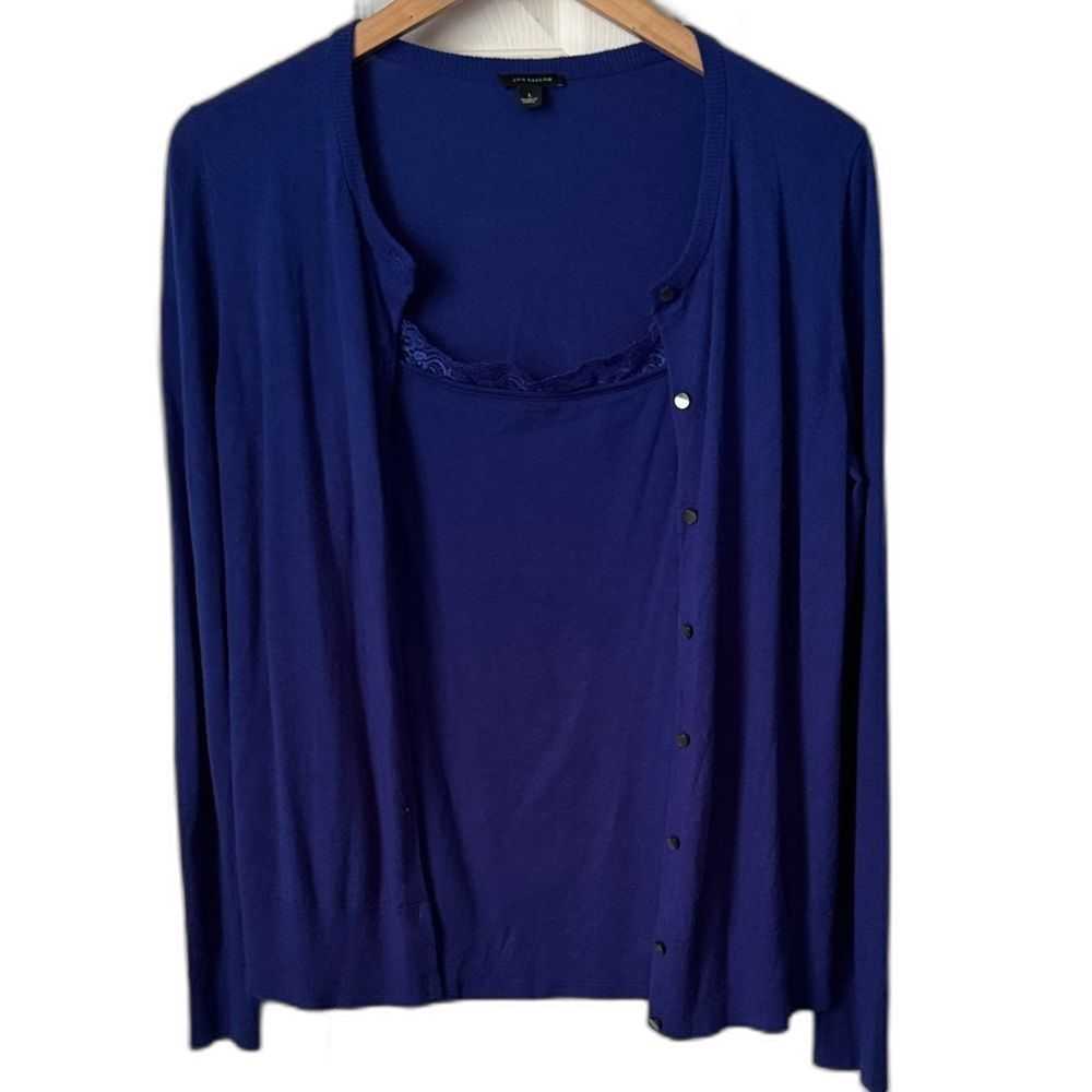 Ann Taylor Women's Blue Cardigan and Lace Trim Tank Set size L Business Casual